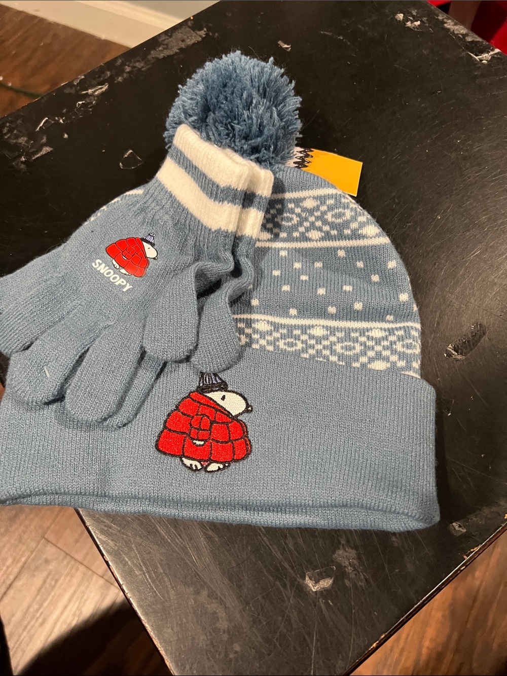 Peanuts Light Blue Knit Pom Beanie & Glove Set with Red Snoopy Patch